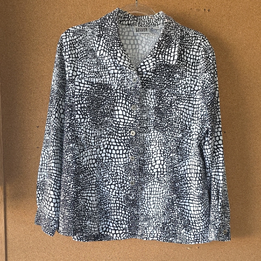 Chico’s Design Black White Button Front Blouse Size 2 US Large  Cotton Stretch